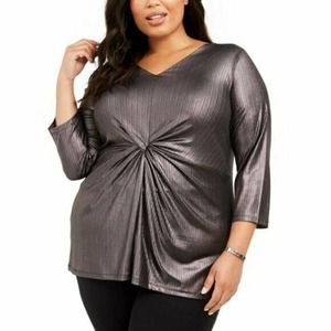 Alfani Mod Shimmer Top Plus 2X Black Silver Gray 3/4 Sleeve VNeck Twist Tie Knot
